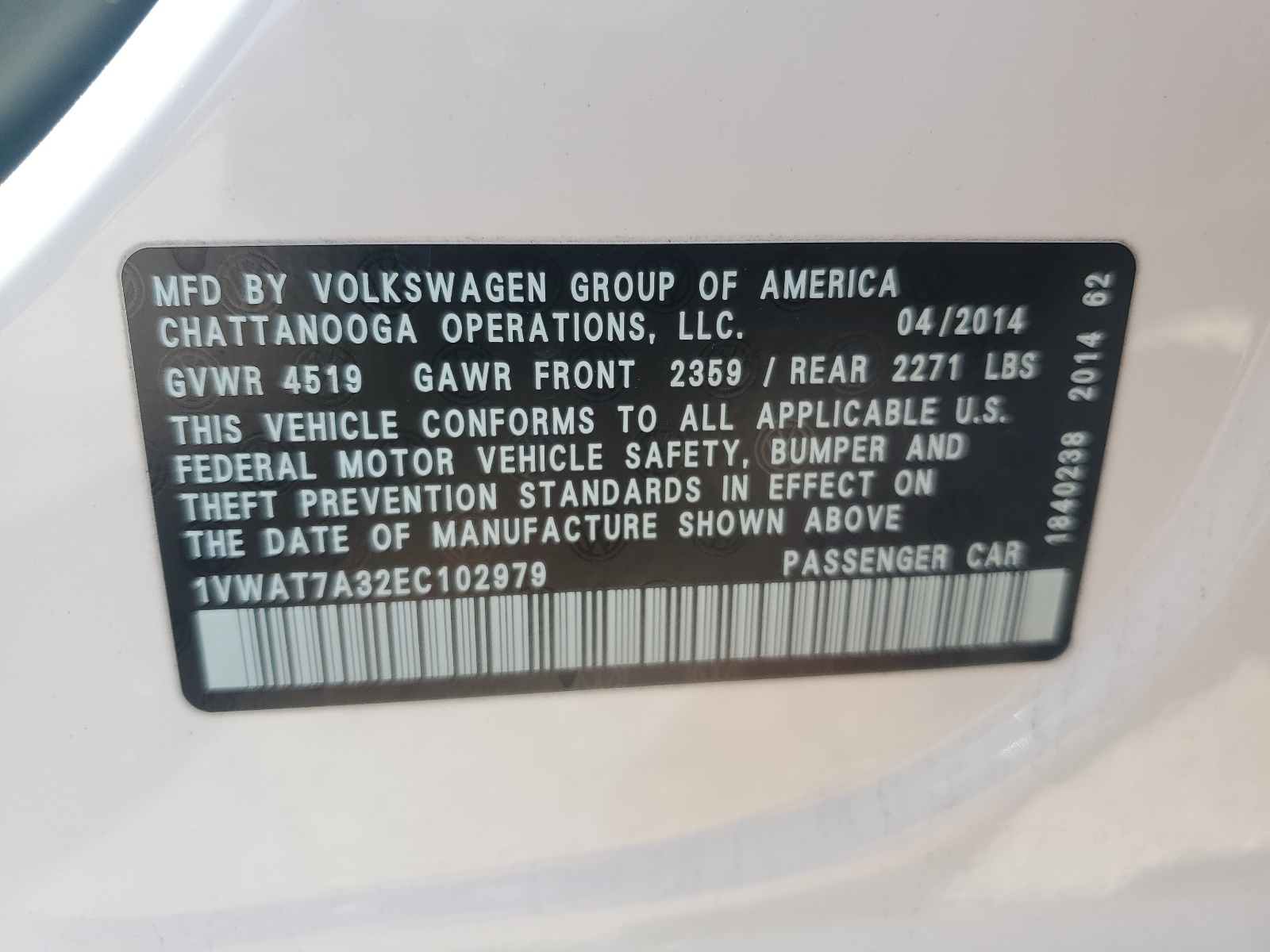 2014 Volkswagen Passat S vin: 1VWAT7A32EC102979