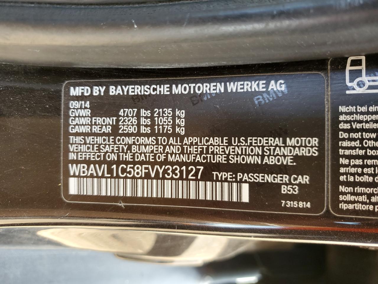 2015 BMW X1 xDrive28I VIN: WBAVL1C58FVY33127 Lot: 65272104