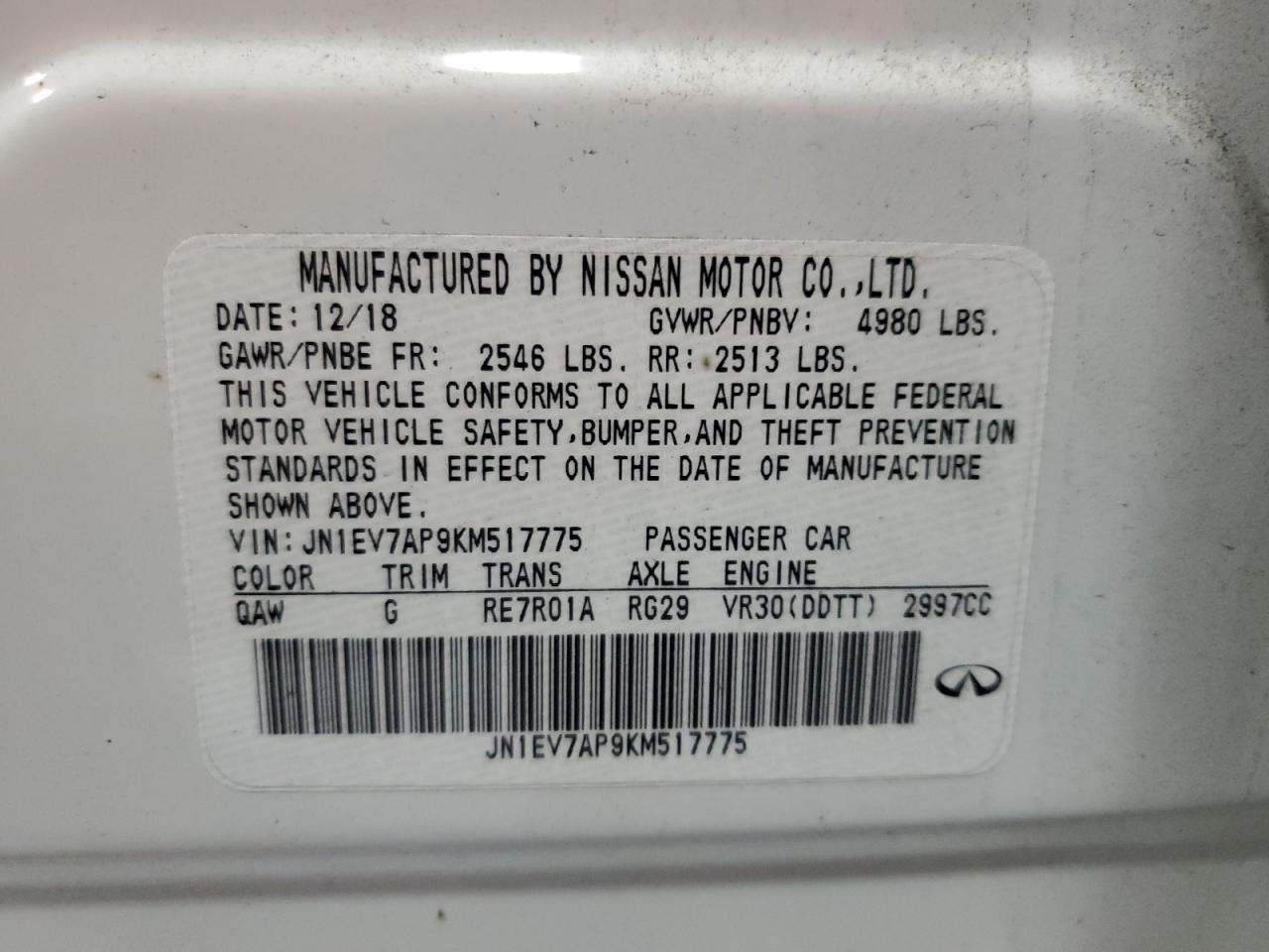 2019 Infiniti Q50 Luxe VIN: JN1EV7AP9KM517775 Lot: 66994764