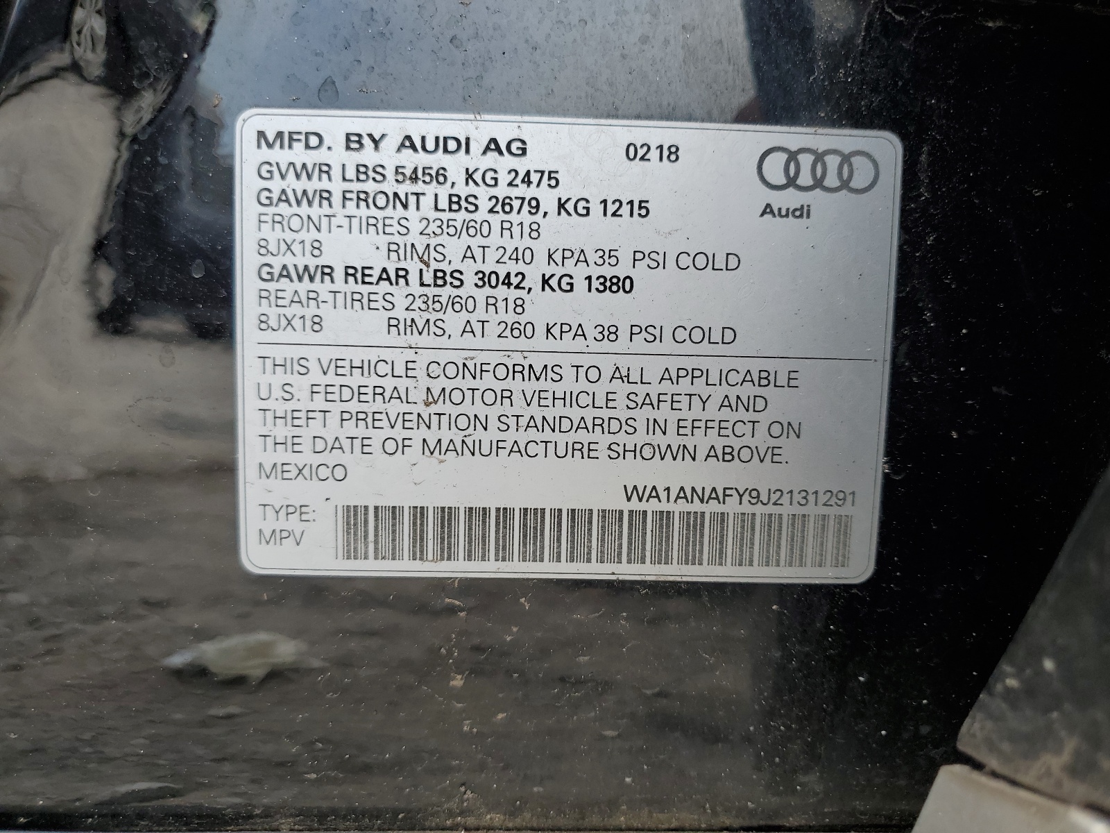 WA1ANAFY9J2131291 2018 Audi Q5 Premium