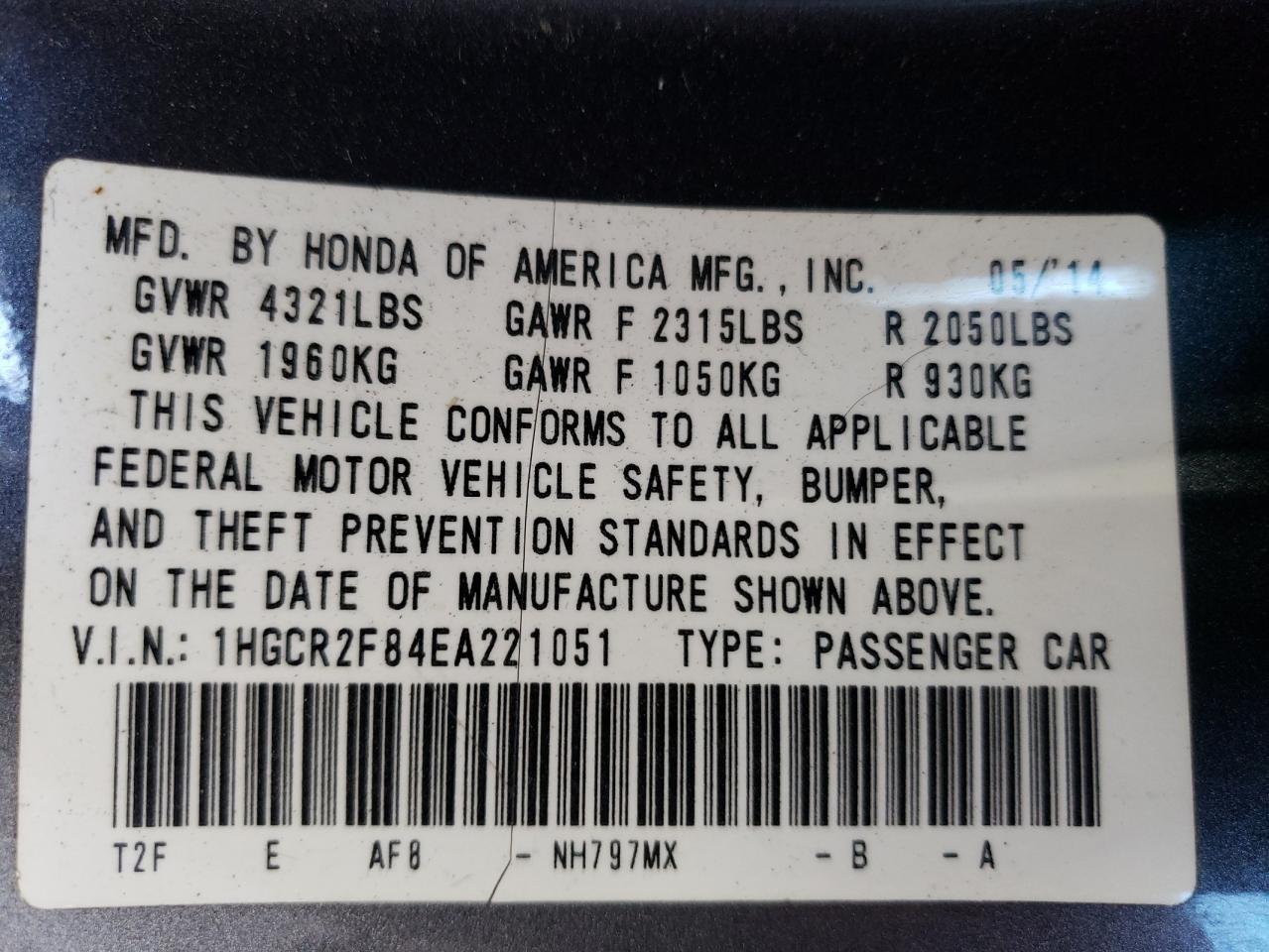 2014 Honda Accord Exl VIN: 1HGCR2F84EA221051 Lot: 68264314