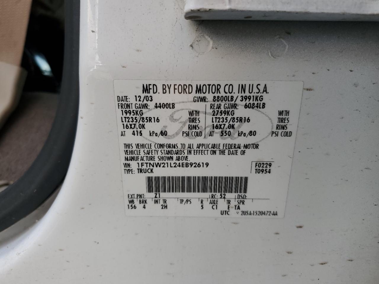 2004 Ford F250 Super Duty VIN: 1FTNW21L24EB92619 Lot: 67402824