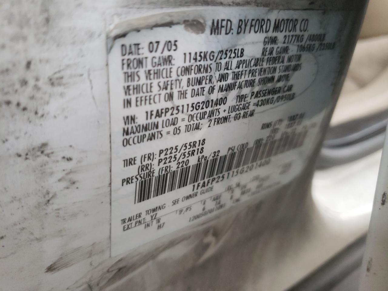 2005 Ford Five Hundred Limited VIN: 1FAFP25115G201400 Lot: 66920074