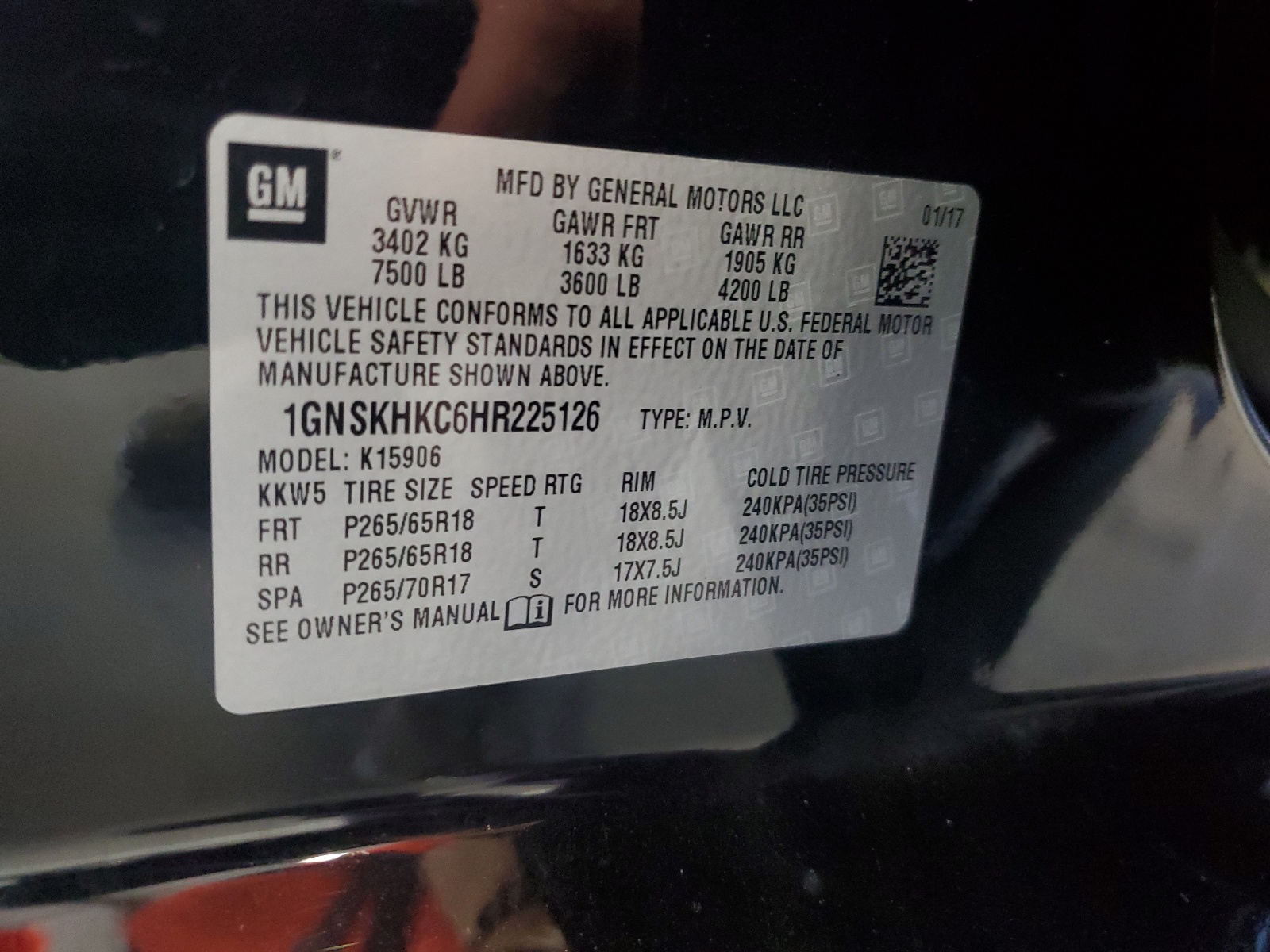 1GNSKHKC6HR225126 2017 Chevrolet Suburban K1500 Lt