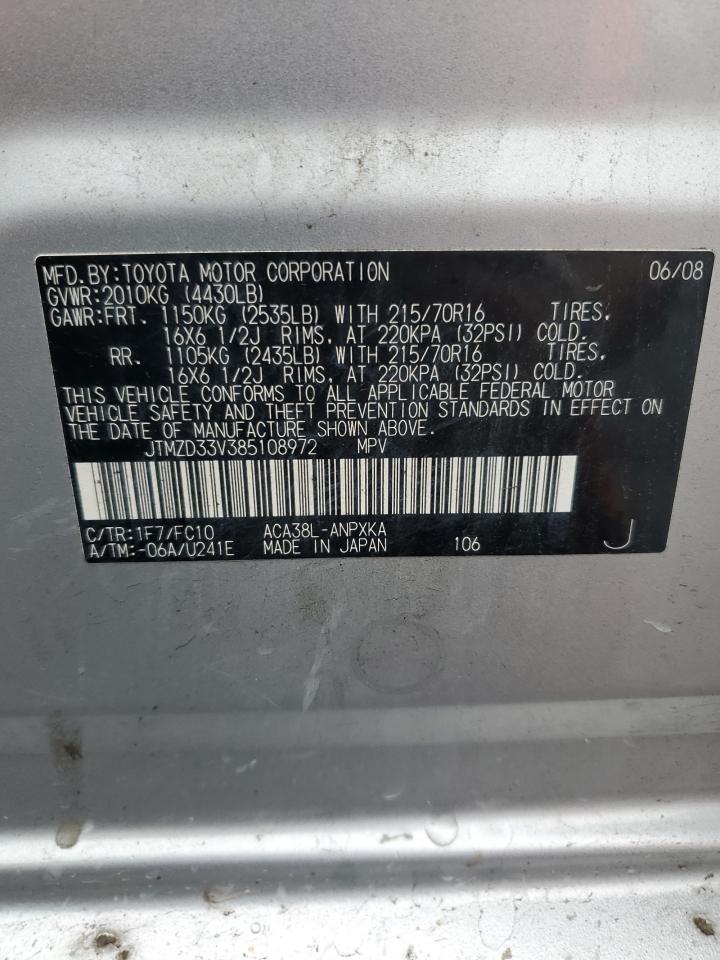 2008 Toyota Rav4 VIN: JTMZD33V385108972 Lot: 65918864