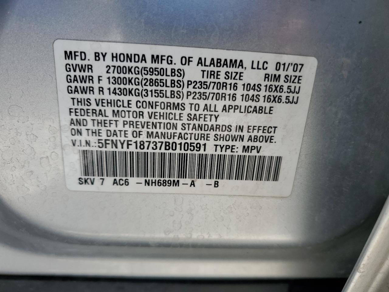 5FNYF18737B010591 2007 Honda Pilot Exl