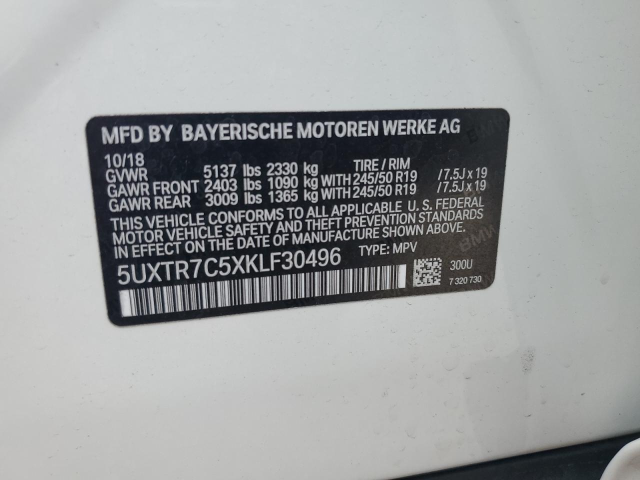 2019 BMW X3 Sdrive30I VIN: 5UXTR7C5XKLF30496 Lot: 67036974