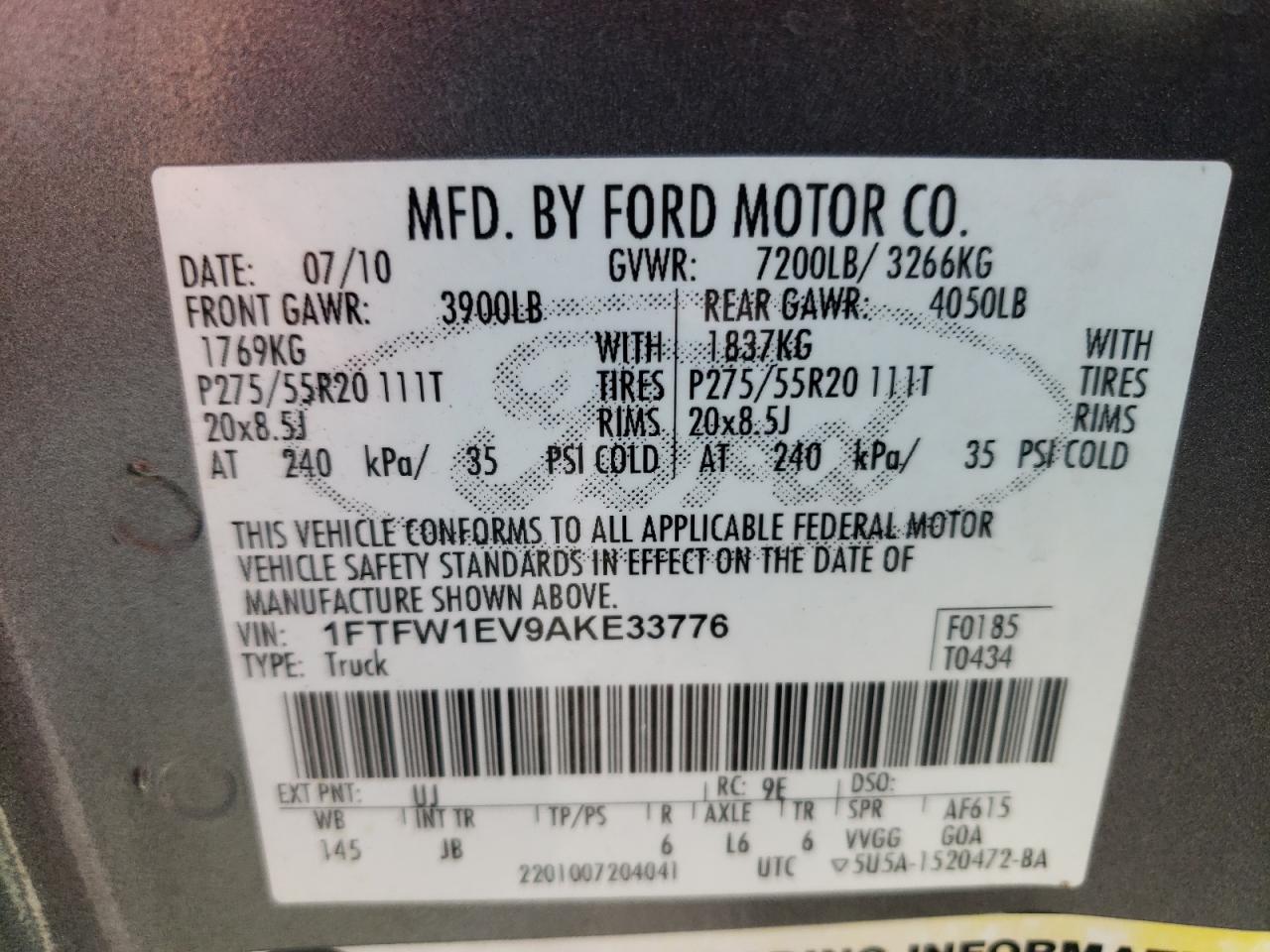 1FTFW1EV9AKE33776 2010 Ford F150 Supercrew