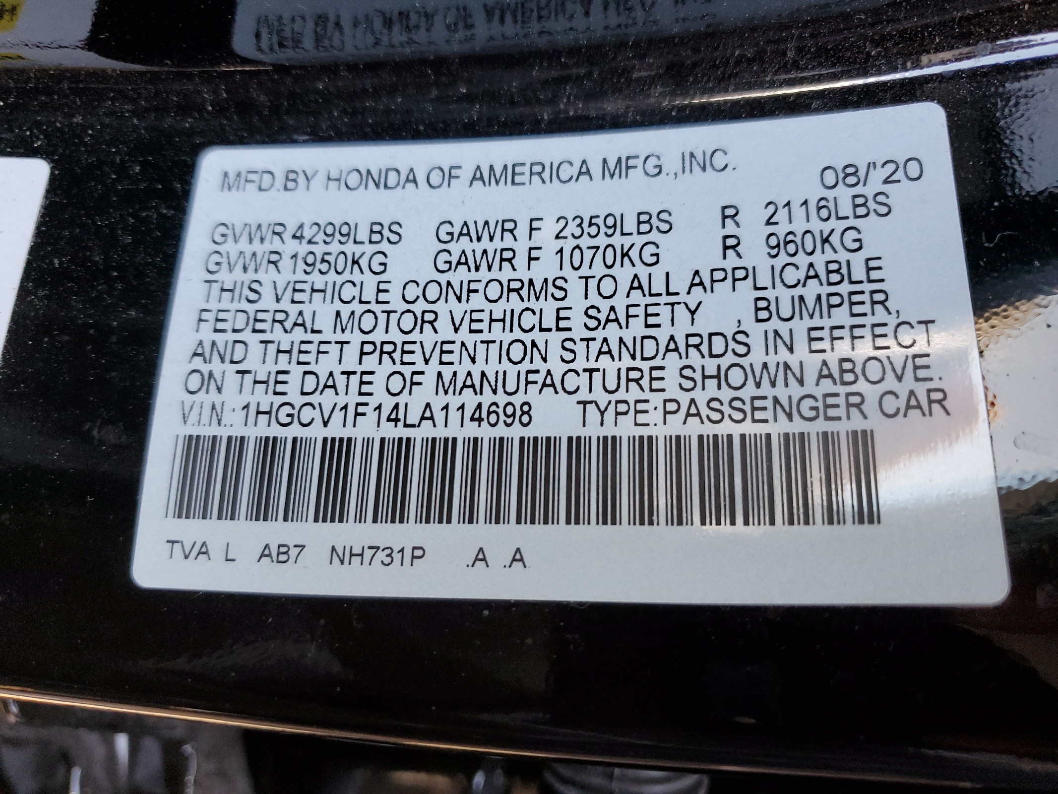 1HGCV1F14LA114698 2020 Honda Accord Lx