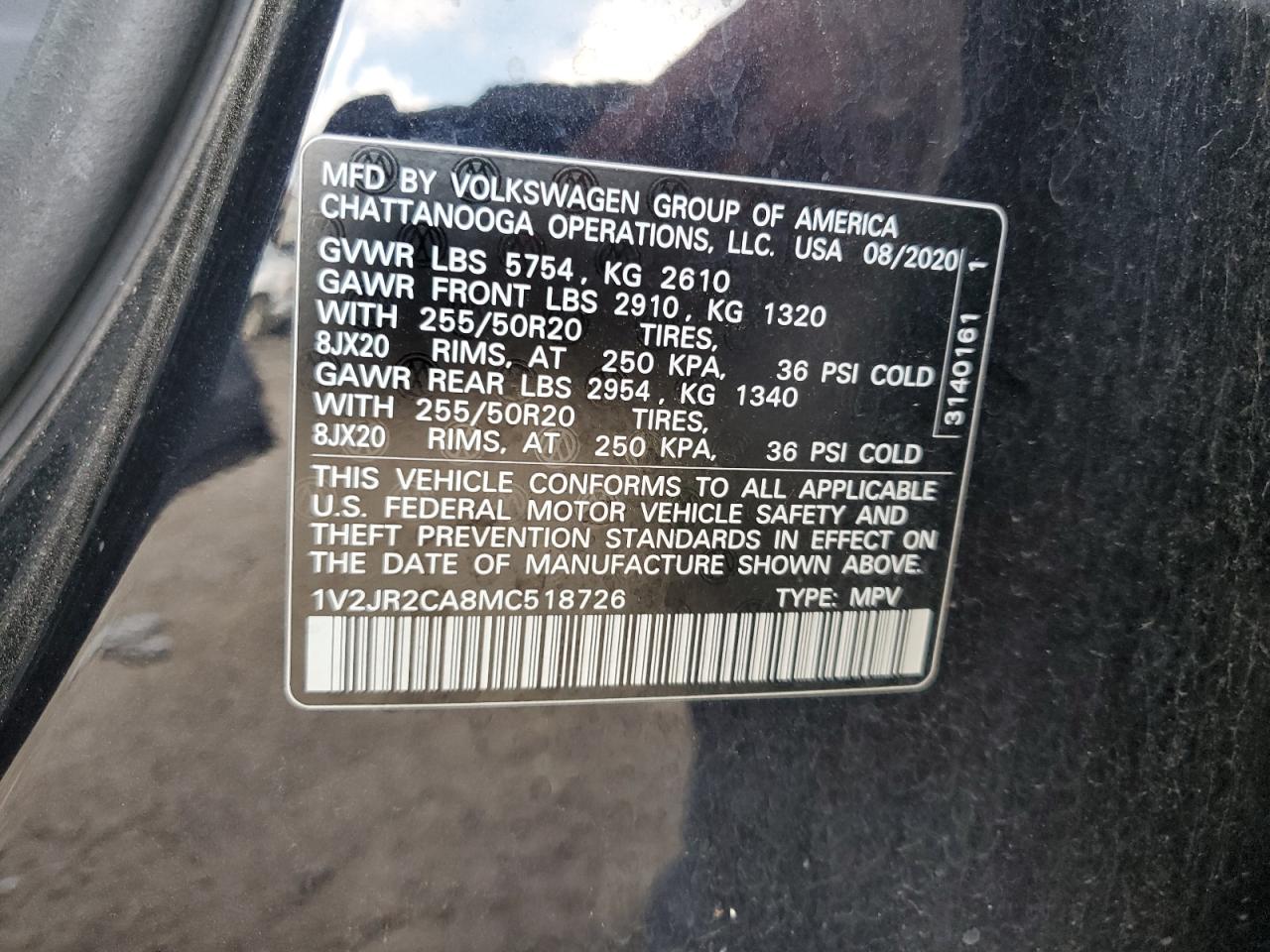 2021 Volkswagen Atlas Se VIN: 1V2JR2CA8MC518726 Lot: 69223904