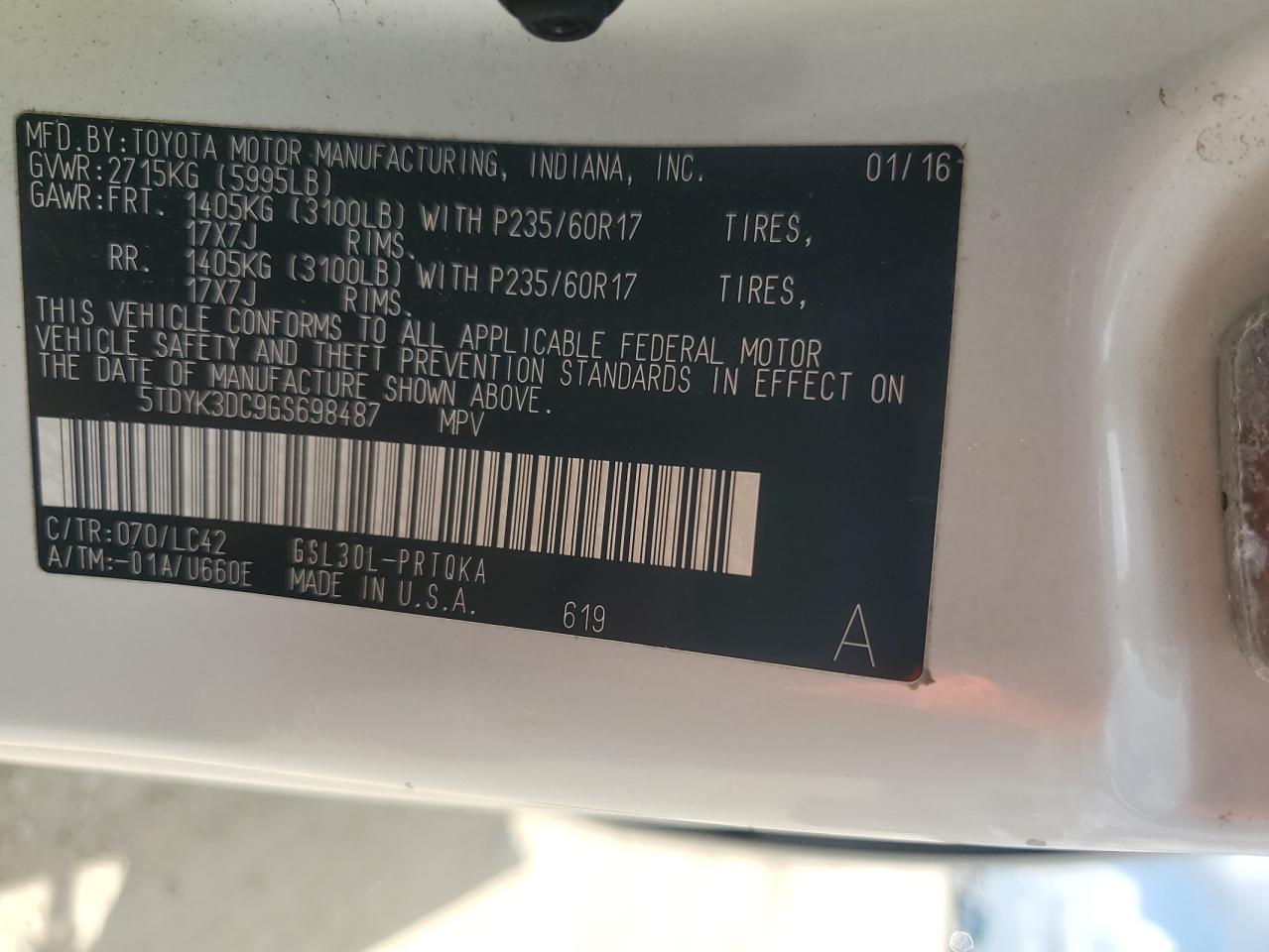 5TDYK3DC9GS698487 2016 Toyota Sienna Xle