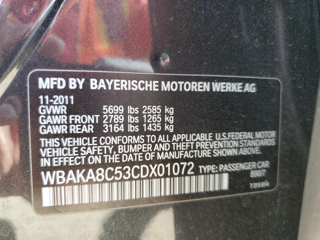 WBAKA8C53CDX01072 2012 BMW 750 I