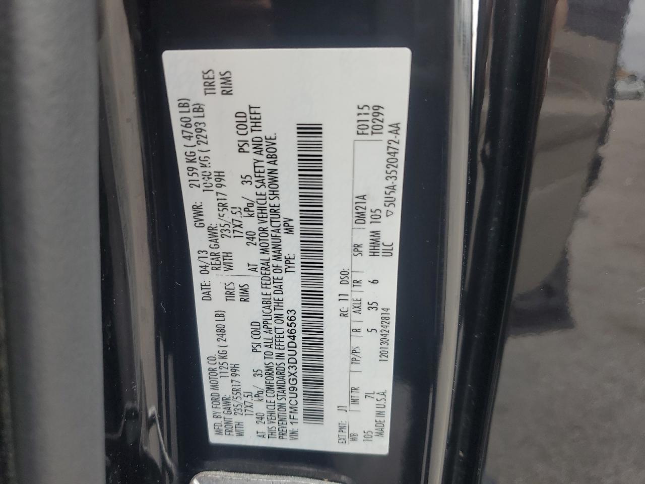 2013 Ford Escape Se VIN: 1FMCU9GX3DUD46563 Lot: 66182474