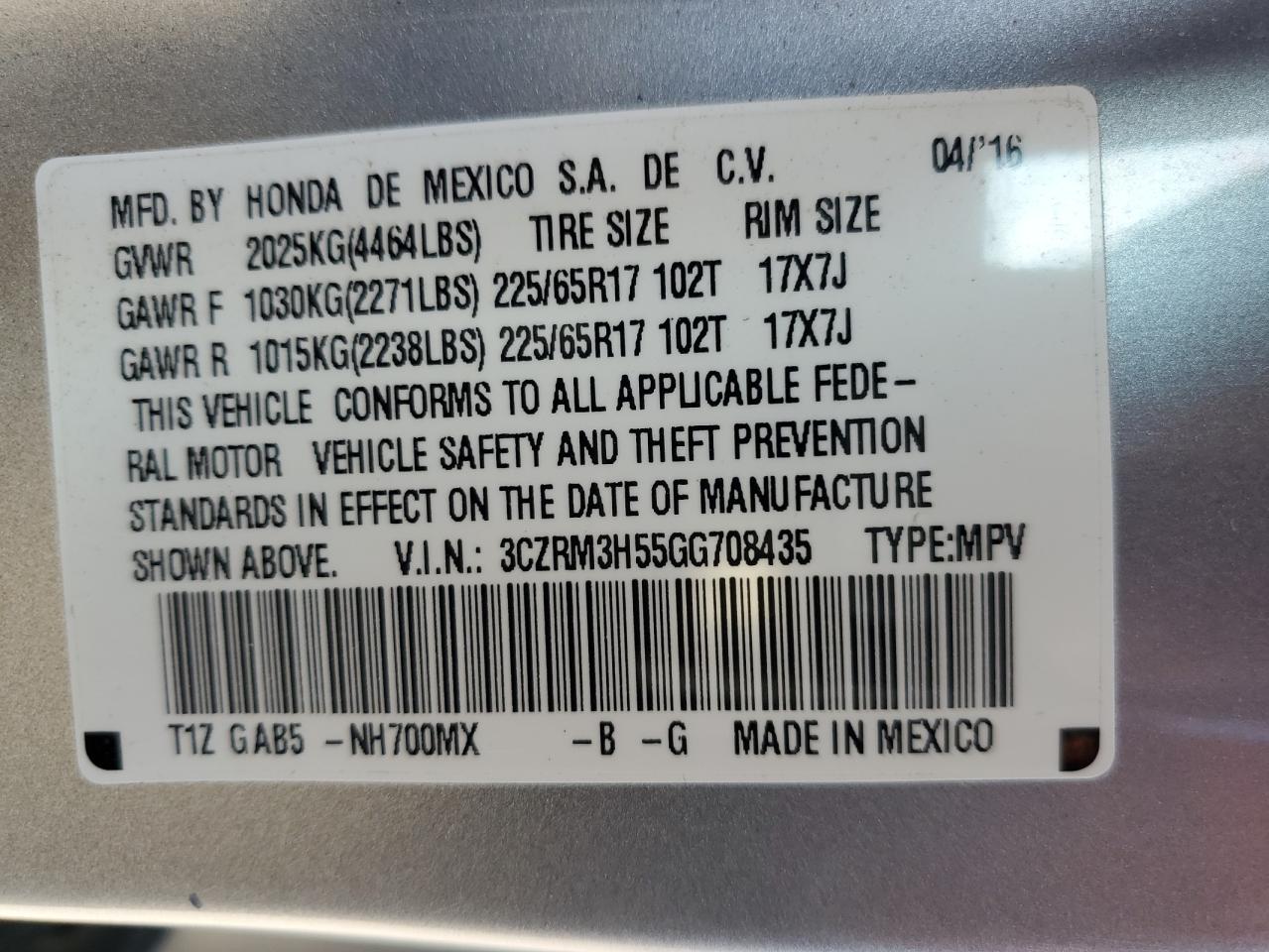 2016 Honda Cr-V Ex VIN: 3CZRM3H55GG708435 Lot: 68350604