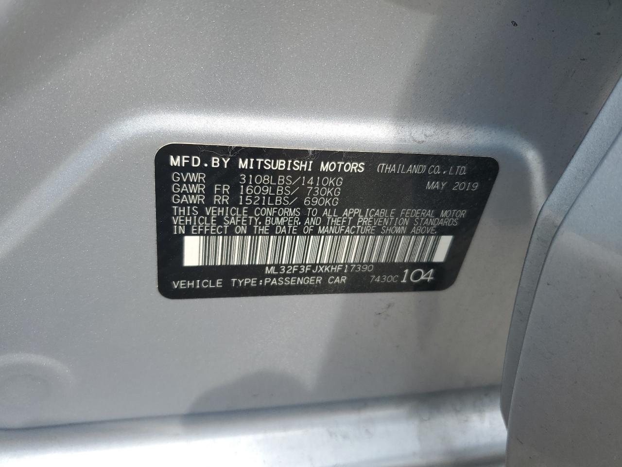 2019 Mitsubishi Mirage G4 Es VIN: ML32F3FJXKHF17390 Lot: 65788134