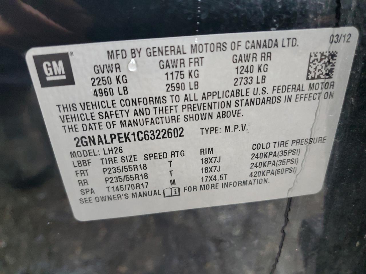 2012 Chevrolet Equinox Lt VIN: 2GNALPEK1C6322602 Lot: 67338064