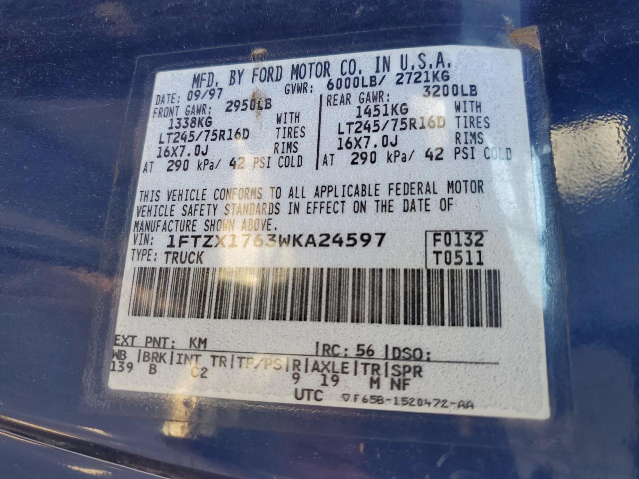 1998 Ford F150 VIN: 1FTZX1763WKA24597 Lot: 67965304