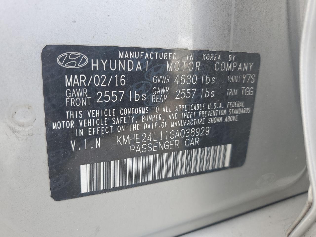 KMHE24L11GA038929 2016 Hyundai Sonata Hybrid