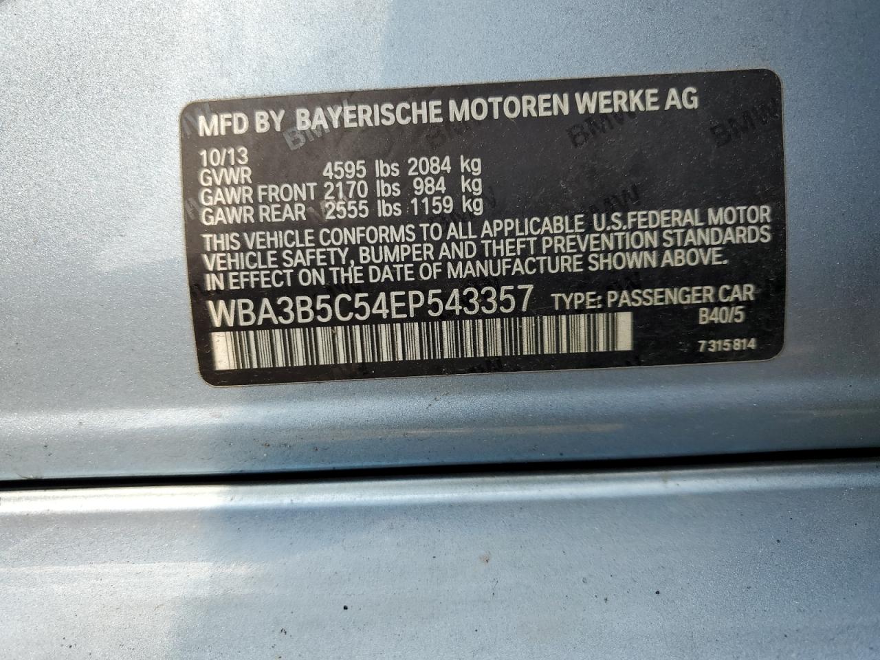 2014 BMW 328 Xi Sulev VIN: WBA3B5C54EP543357 Lot: 66082384