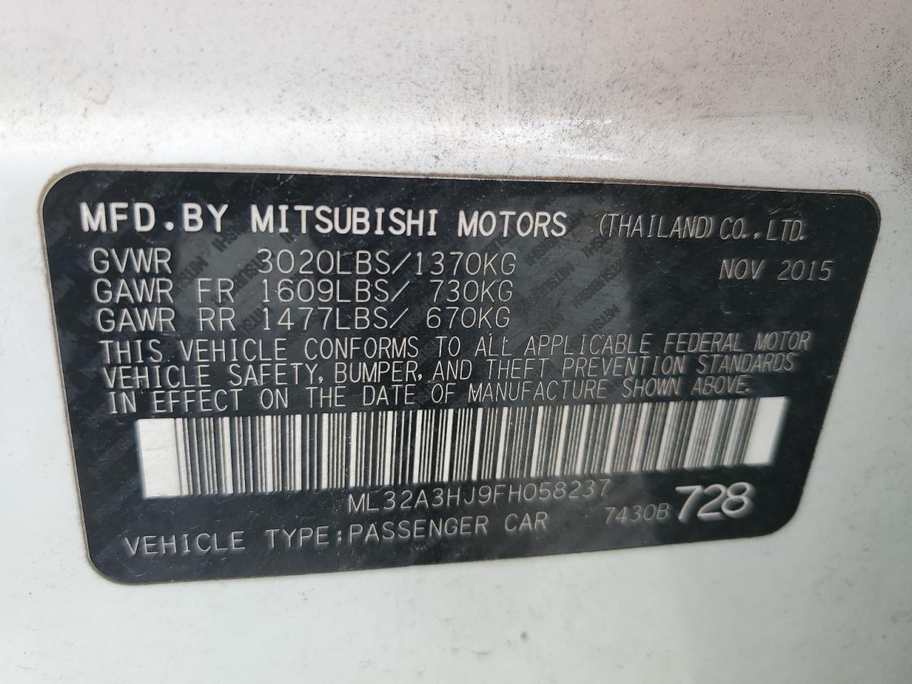 2015 Mitsubishi Mirage De VIN: ML32A3HJ9FH058237 Lot: 68140244