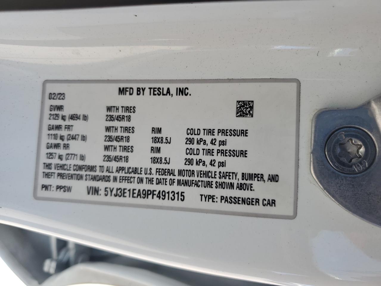 2023 Tesla Model 3 VIN: 5YJ3E1EA9PF491315 Lot: 68132264