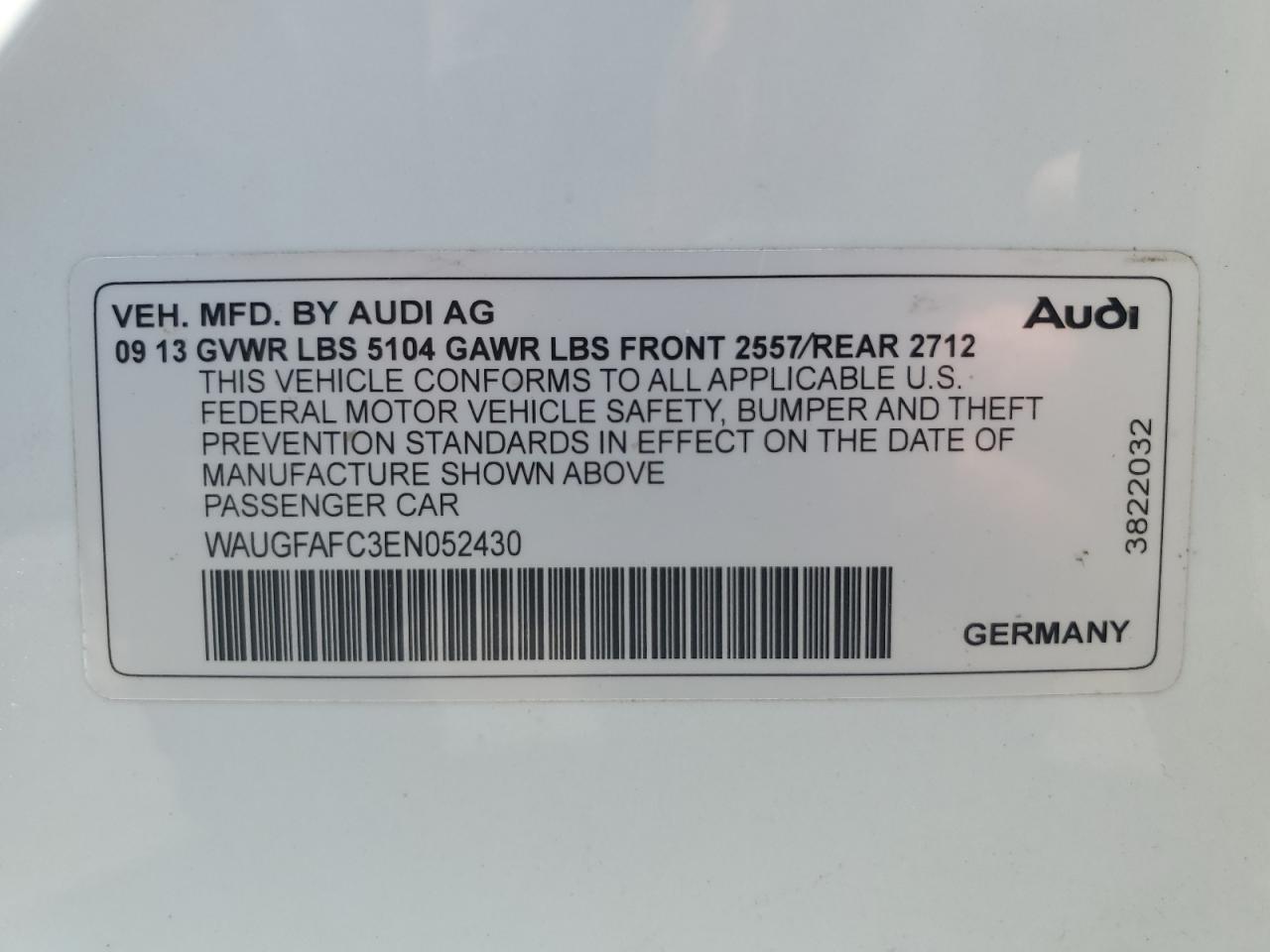 2014 Audi A6 Premium Plus VIN: WAUGFAFC3EN052430 Lot: 64802374