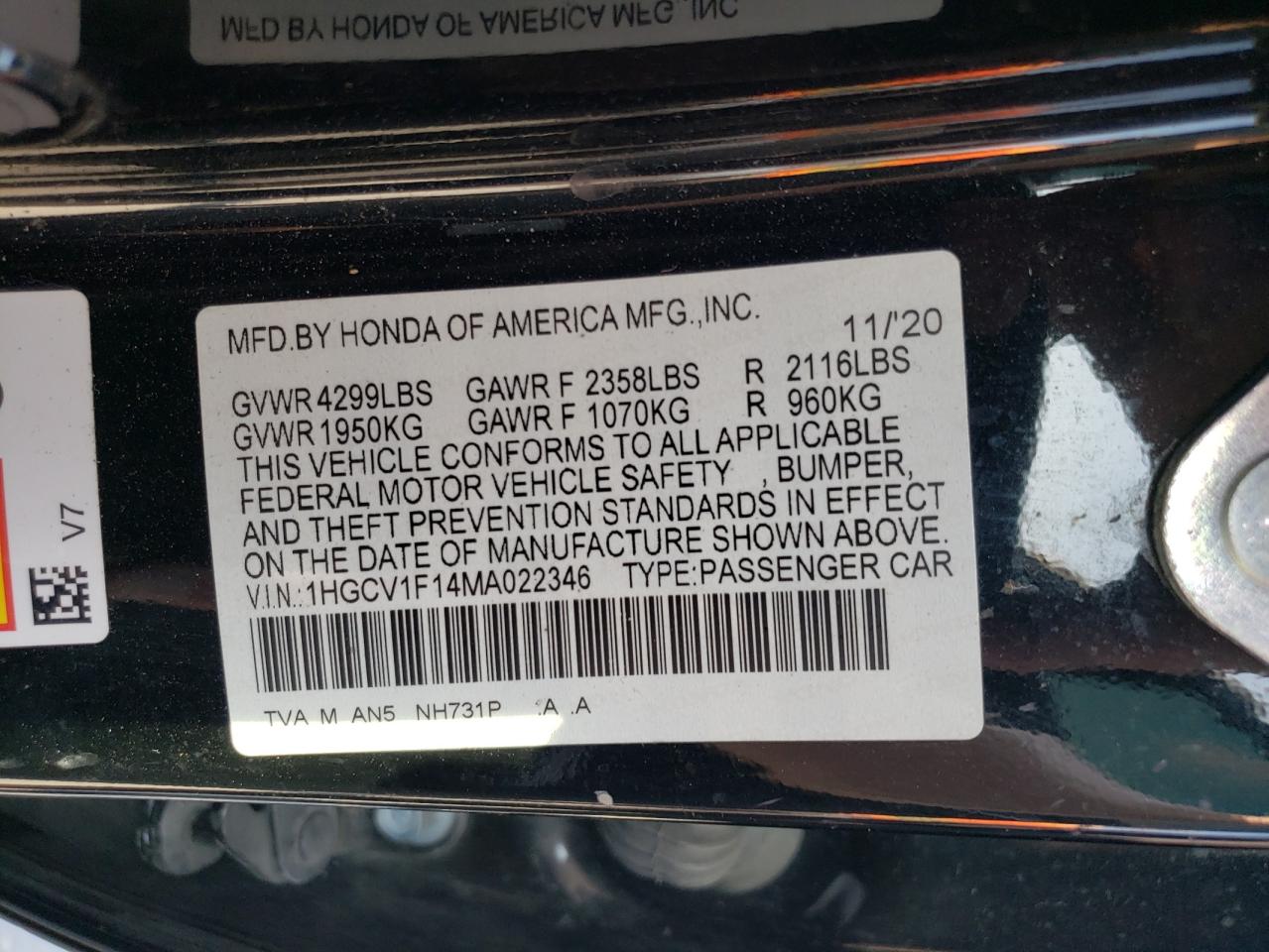 2021 Honda Accord Lx VIN: 1HGCV1F14MA022346 Lot: 66125504