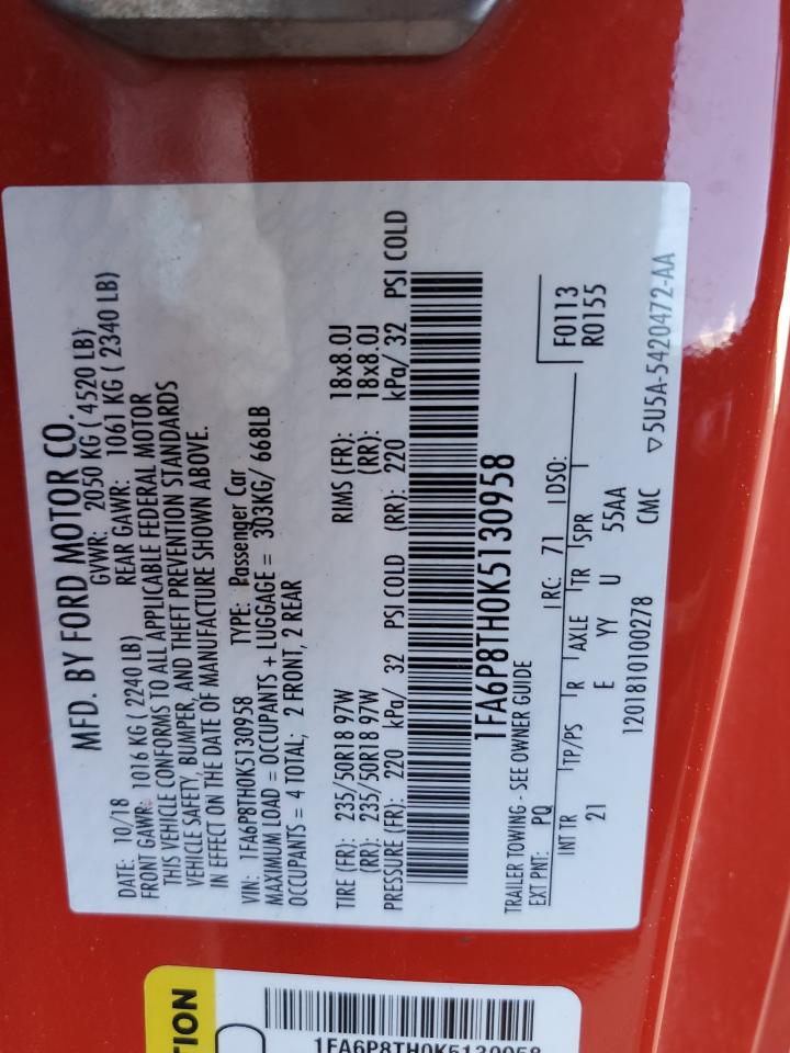 2019 Ford Mustang VIN: 1FA6P8TH0K5130958 Lot: 66937964