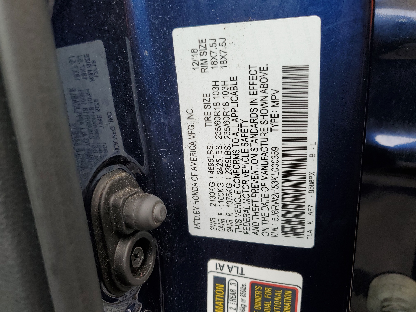 5J6RW2H53KL000359 2019 Honda Cr-V Ex