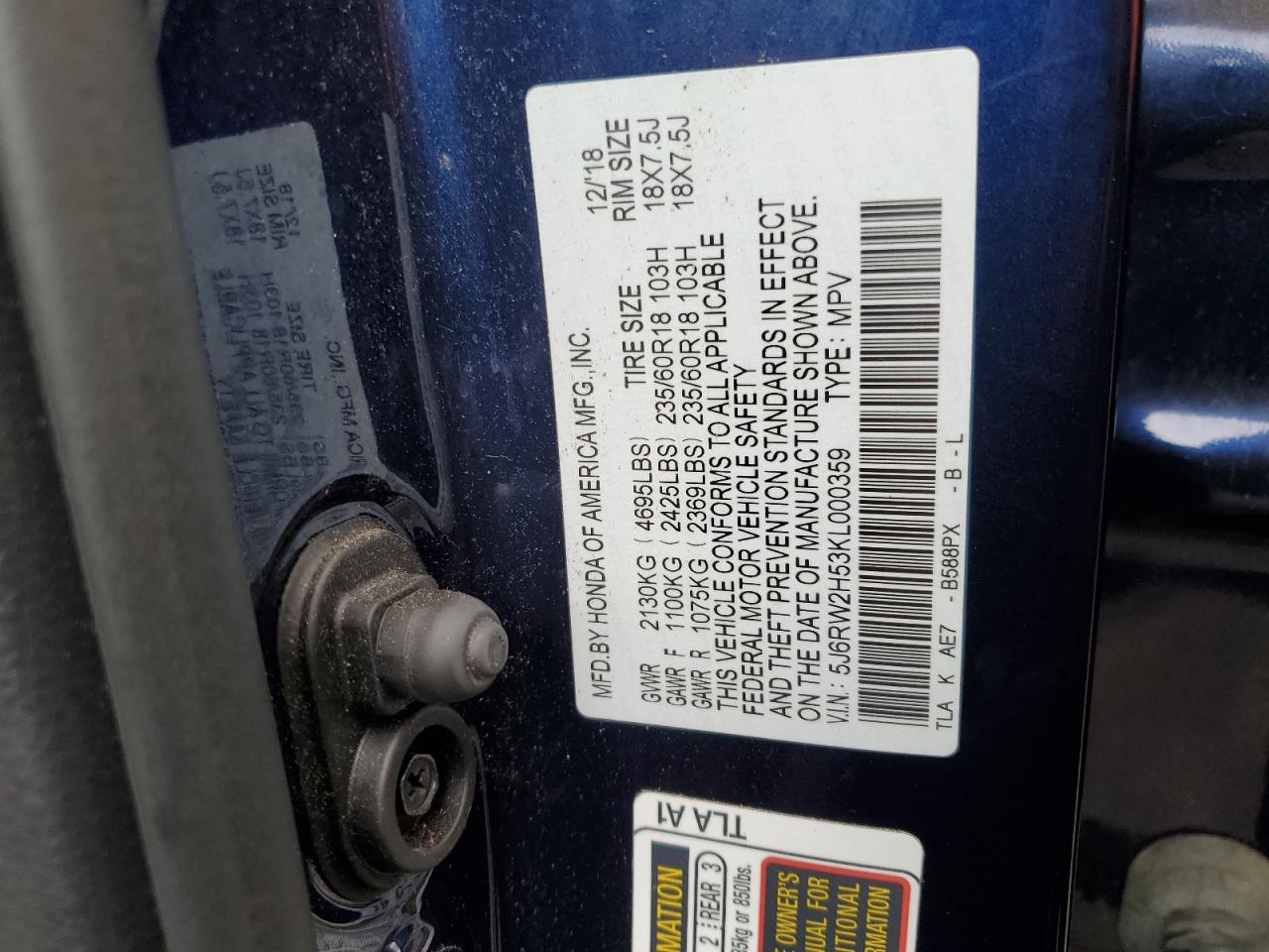 2019 Honda Cr-V Ex VIN: 5J6RW2H53KL000359 Lot: 66488914