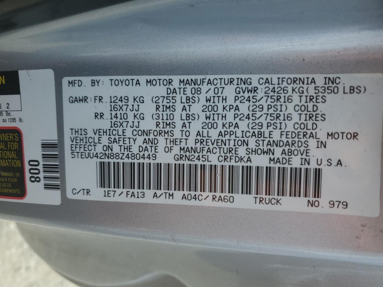 2008 Toyota Tacoma Access Cab VIN: 5TEUU42N88Z480449 Lot: 66327764