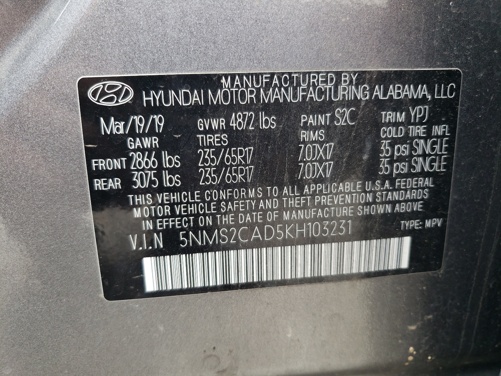 5NMS2CAD5KH103231 2019 Hyundai Santa Fe Se