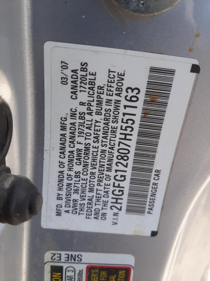 2007 Honda Civic Ex VIN: 2HGFG12807H551163 Lot: 59184734