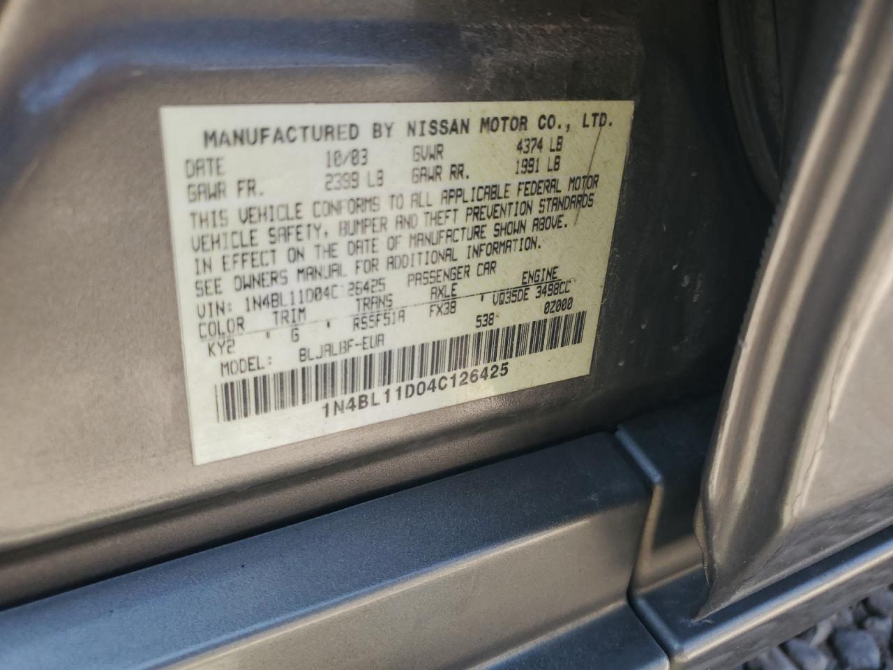 2004 Nissan Altima Se VIN: 1N4BL11D04C126425 Lot: 66482314