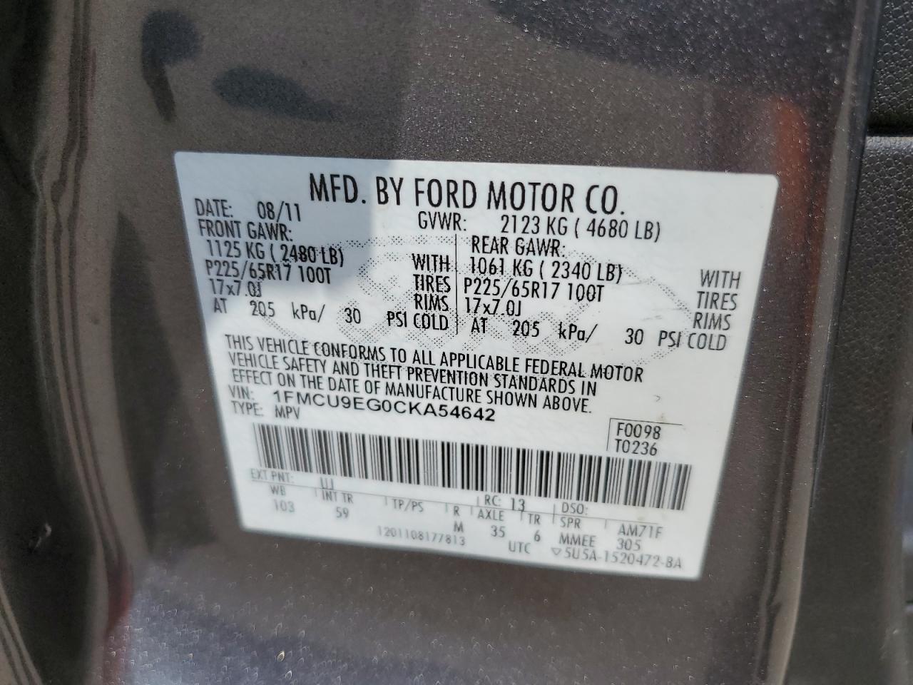 2012 Ford Escape Limited VIN: 1FMCU9EG0CKA54642 Lot: 66022134