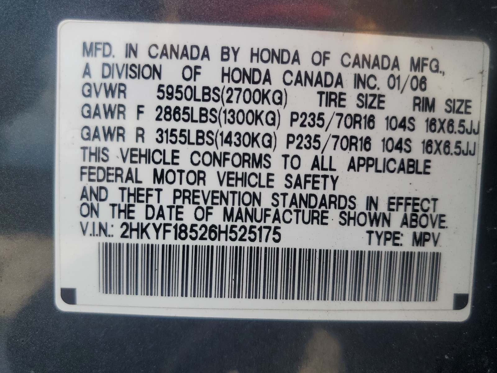 2HKYF18526H525175 2006 Honda Pilot Ex