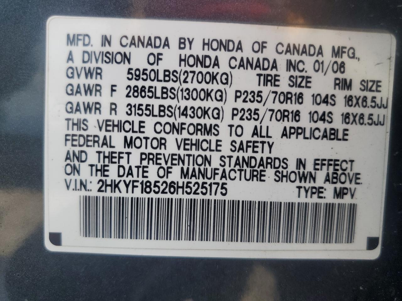 2006 Honda Pilot Ex VIN: 2HKYF18526H525175 Lot: 64984394