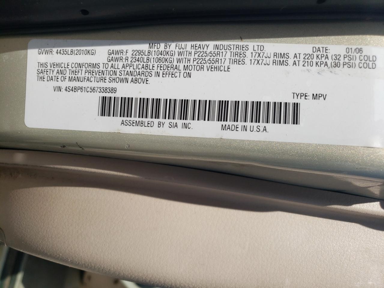 4S4BP61C567338389 2006 Subaru Legacy Outback 2.5I