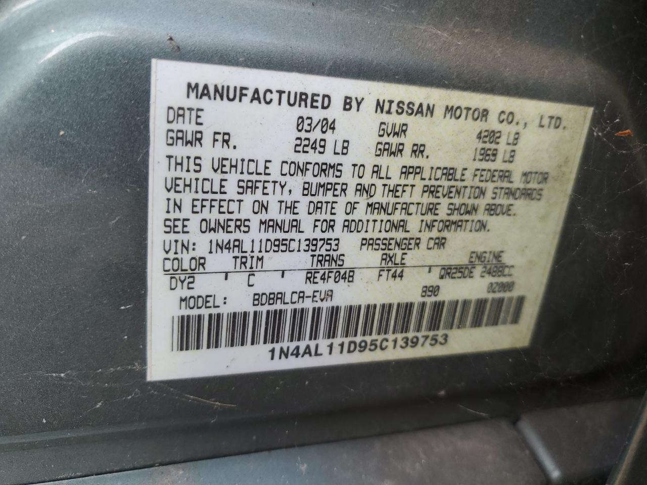 2005 Nissan Altima S VIN: 1N4AL11D95C139753 Lot: 66735444