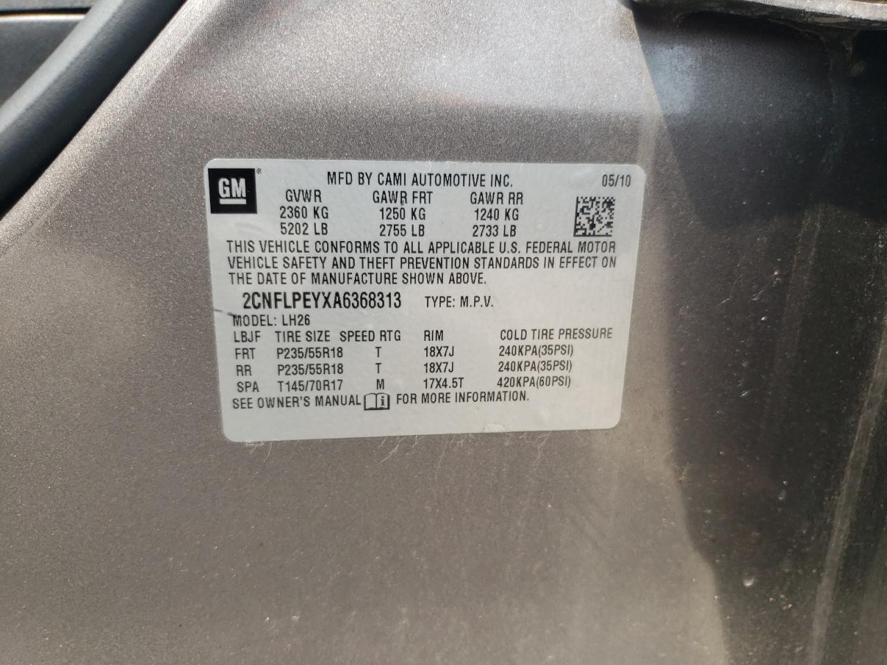 2CNFLPEYXA6368313 2010 Chevrolet Equinox Lt