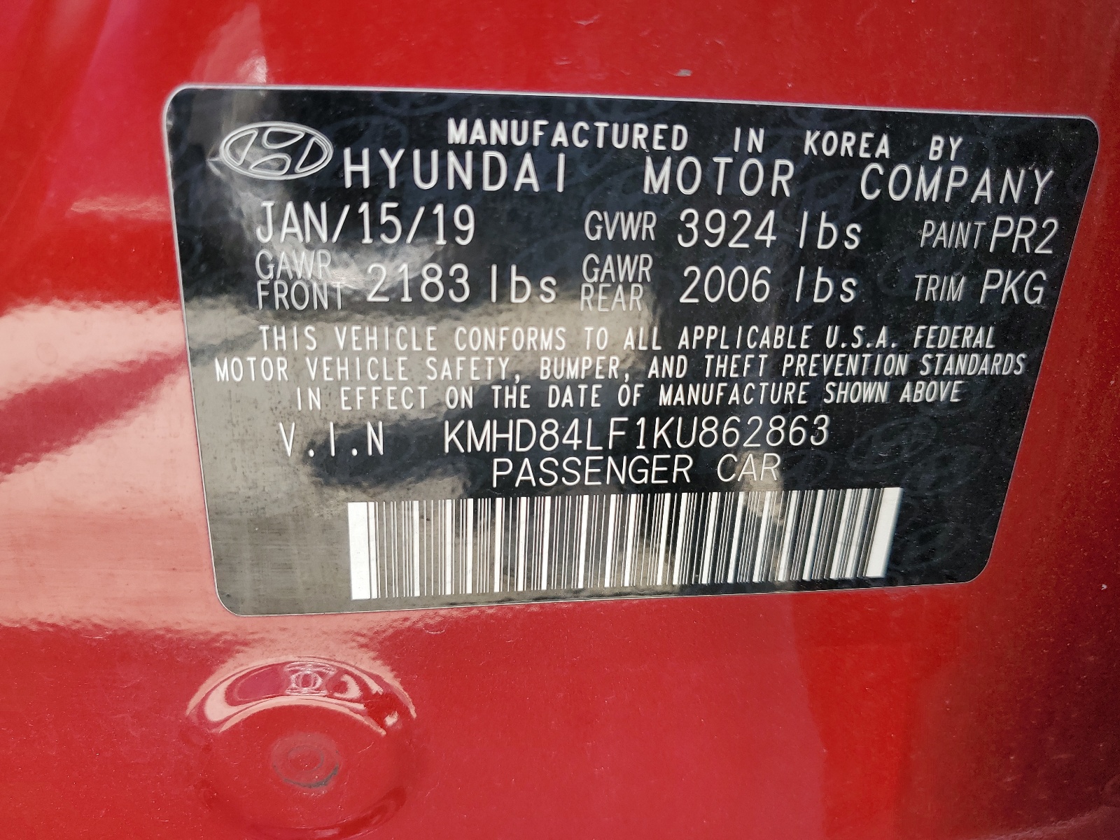 KMHD84LF1KU862863 2019 Hyundai Elantra Sel