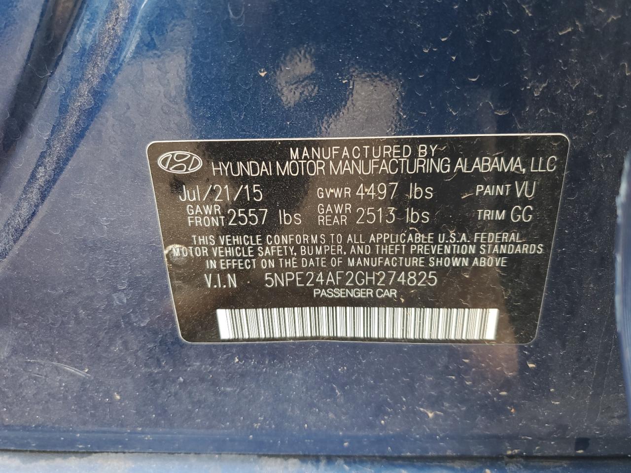 5NPE24AF2GH274825 2016 Hyundai Sonata Se