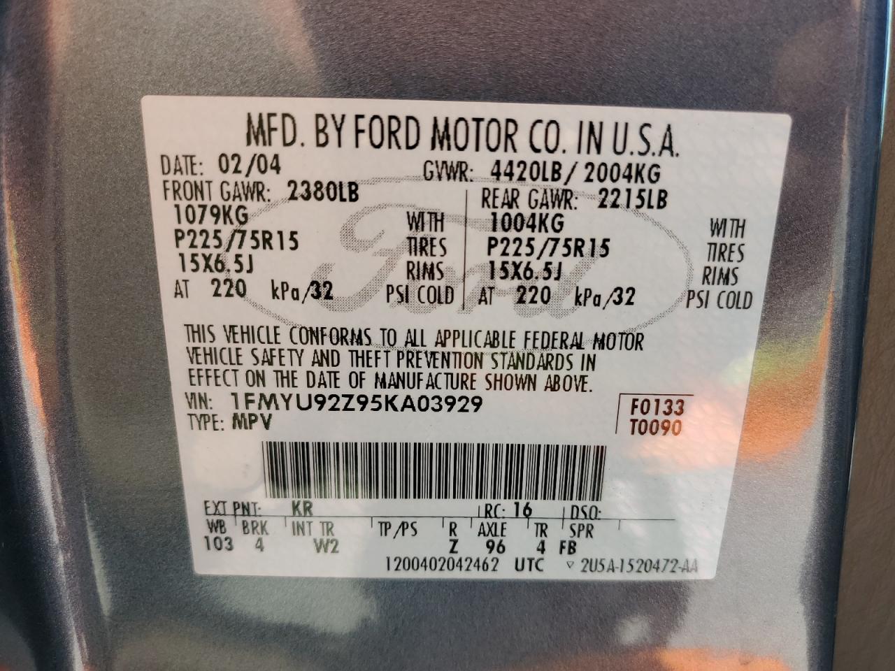 1FMYU92Z95KA03929 2005 Ford Escape Xls