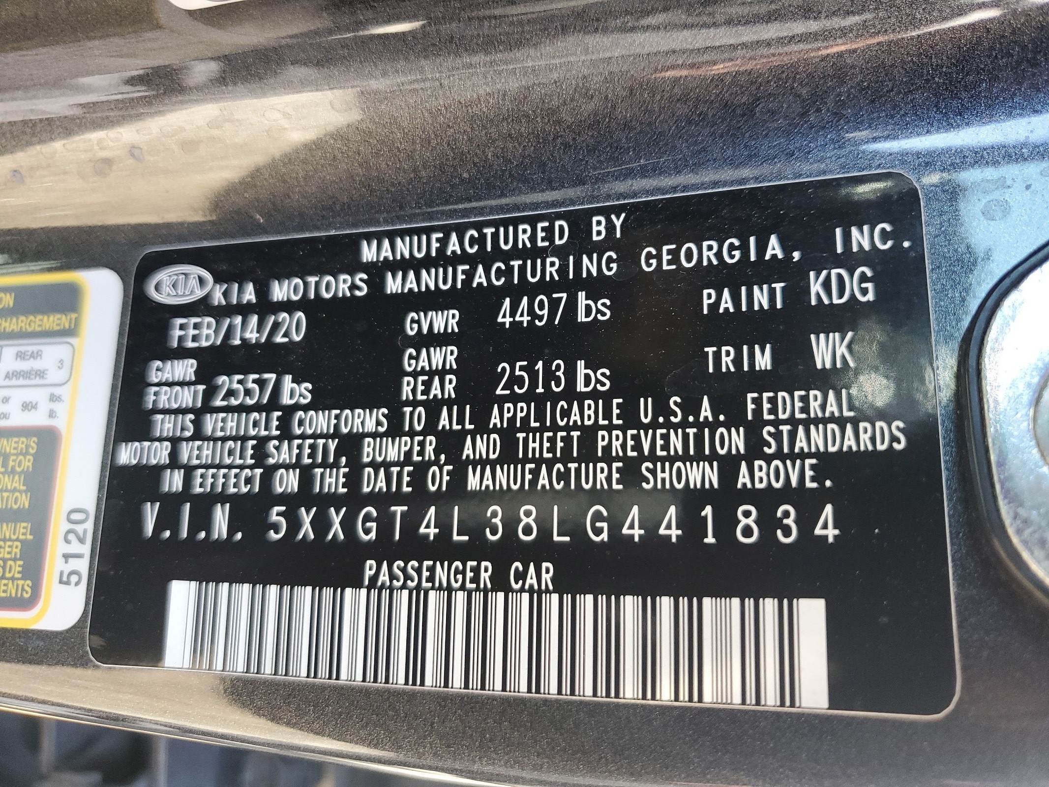 5XXGT4L38LG441834 2020 Kia Optima Lx