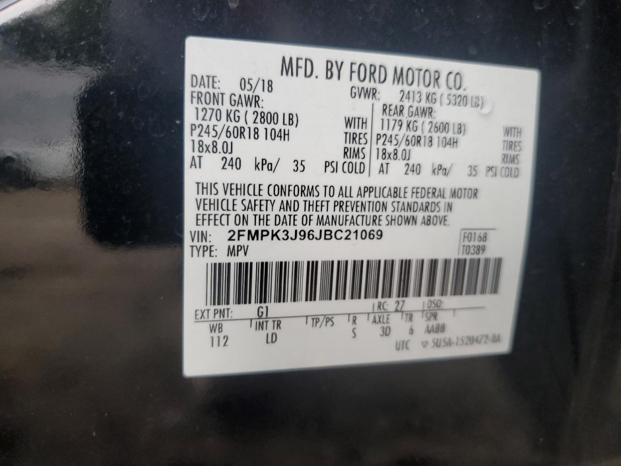 2018 Ford Edge Sel VIN: 2FMPK3J96JBC21069 Lot: 65591924