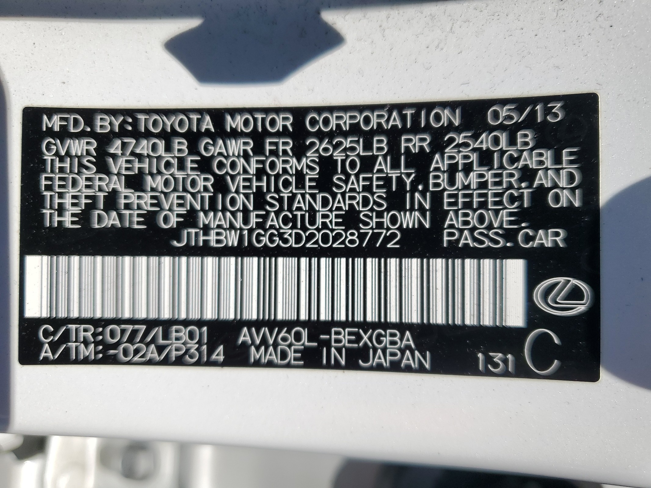 JTHBW1GG3D2028772 2013 Lexus Es 300H