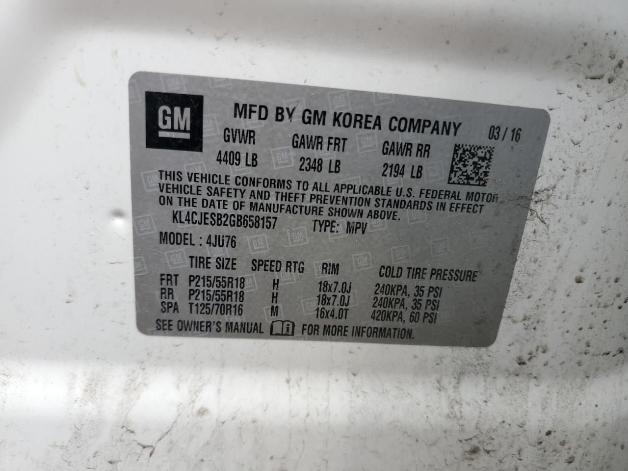 2016 Buick Encore VIN: KL4CJESB2GB658157 Lot: 67871584