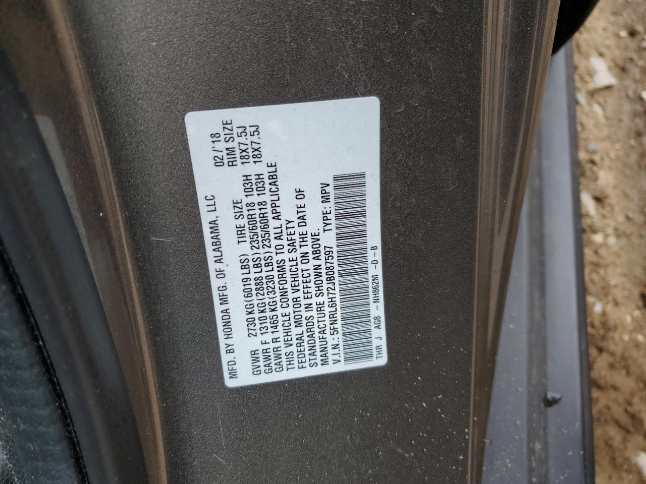 5FNRL6H72JB087597 2018 Honda Odyssey Exl