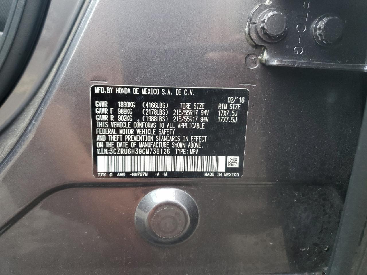 2016 Honda Hr-V Lx VIN: 3CZRU6H39GM736126 Lot: 66099114