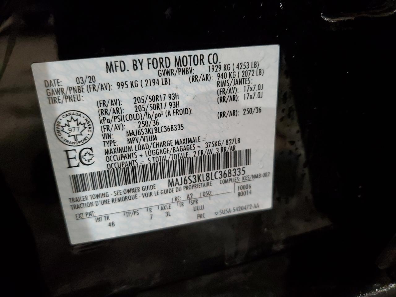 2020 Ford Ecosport Titanium VIN: MAJ6S3KL8LC368335 Lot: 66564294